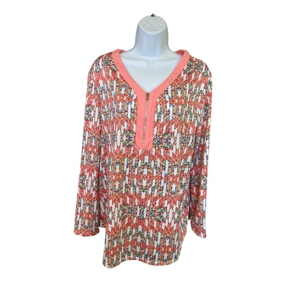 Notations Womens Top Large Multicolor Geometric V-Neck Coral Trim Grannycore - Picture 1 of 8